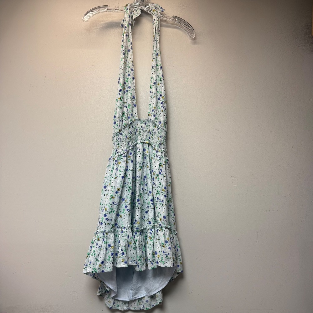 Aerie Floral Halter Dress Womens Small White Blue Smocked High Low Excellent
